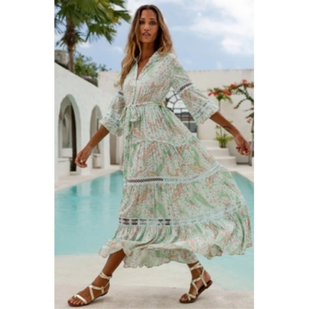 Miss June Lucinda Shirt Dress Womens One Size Paisley Maxi Boho Resortwear